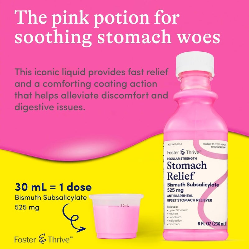 Foster Thrive Stomach Relief Liquid for Nausea, Heartburn, Indigestion, Upset Stomach, and Diarrhea - Fast Relief for 5 Symptoms, Antidiarrheal, Bismuth Subsalicylate 525 mg, Original, 8 Oz - Image 2